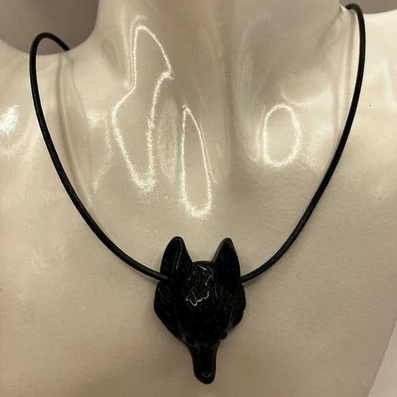 NEW Wolf Black Obsidian Gemstone hand carved Wolf Head Choker Genuine Leather - Picture 9 of 12